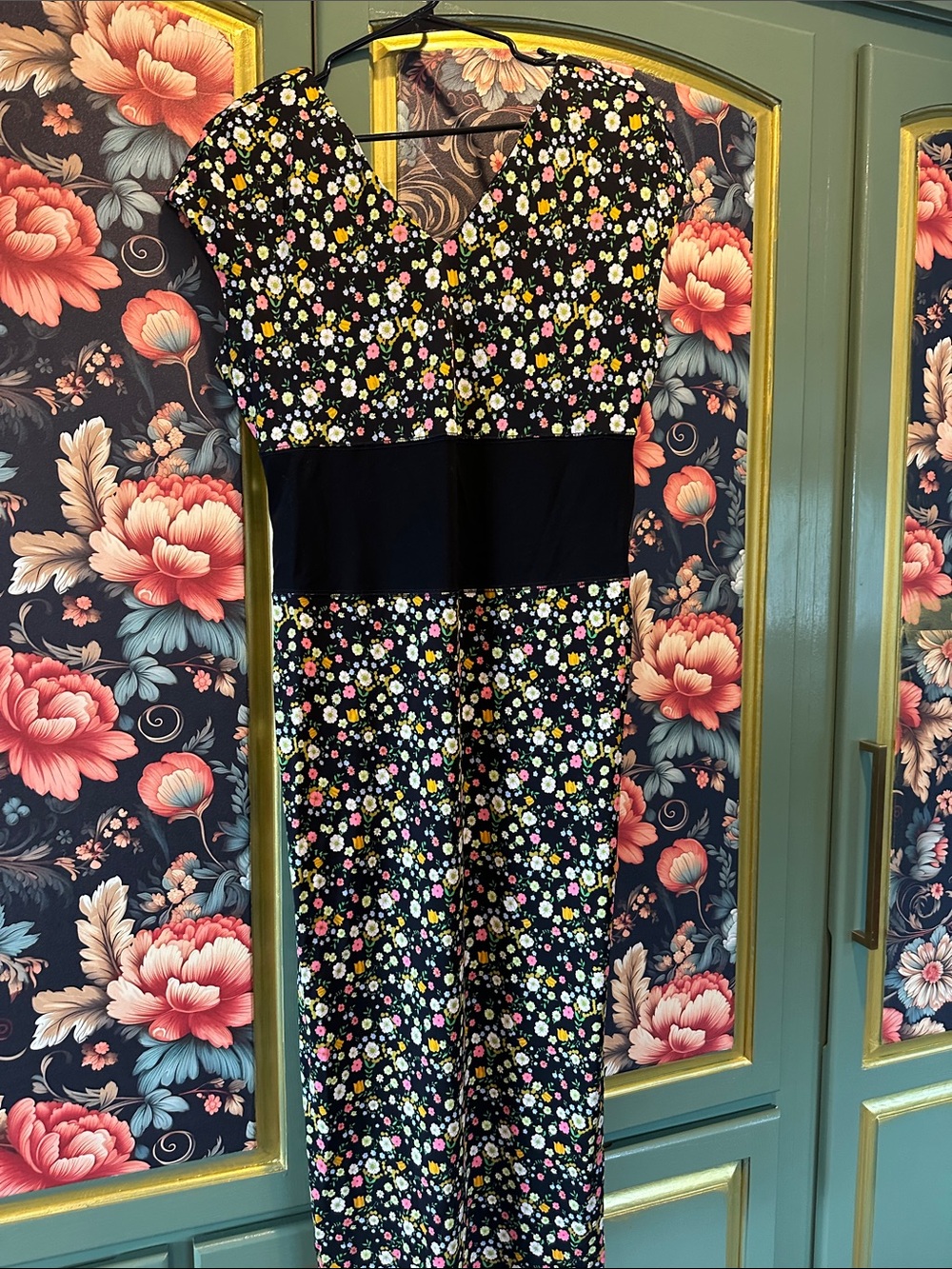 Tory Burch Black Floral V‑Neck Wide‑Leg Jumpsuit